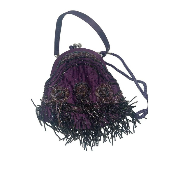 Vintage Kate Laundry Purple SCALLOPED SILK EVENING BAG Beaded Fringe Sequins - Picture 12 of 16